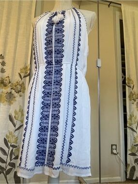 Dex White Mini Dress with Blue Embroidered Stripes